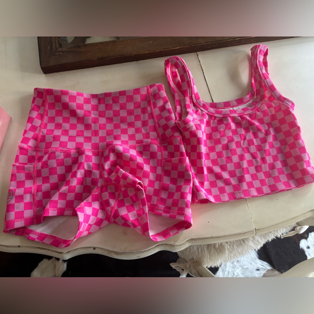 Pink Checkered salty honey workout set small